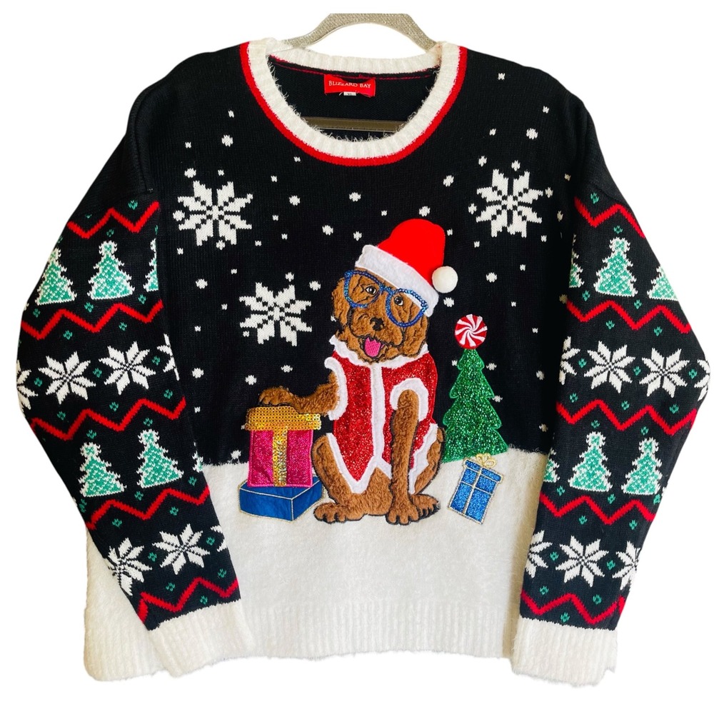 Blizzard Bay Women Sweater Dog Goldendoodle XL Black Acrylic Knit Ugly Christmas